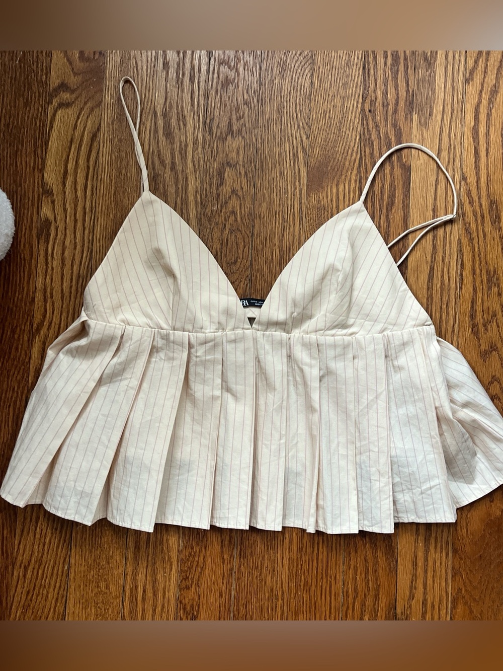 Zara Cream Pinstripe Pleated Spaghetti-Strap Camisole